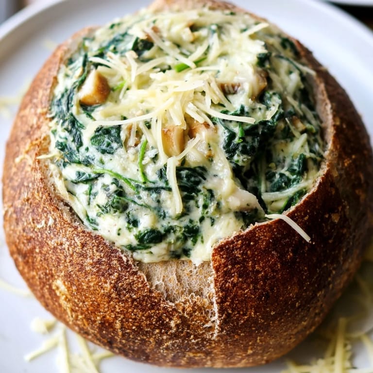 Serving suggestion: creamy Best-Ever Spinach Dip inside a bread bowl with dippable bread cubes.