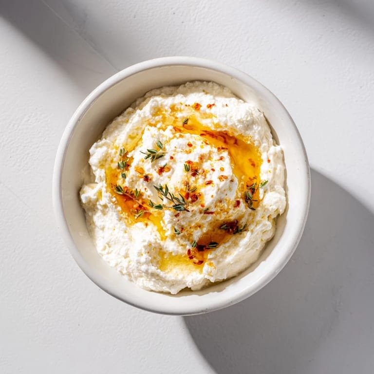Creamy whipped ricotta dip, a dreamy appetizer, topped with a spicy hot honey drizzle.