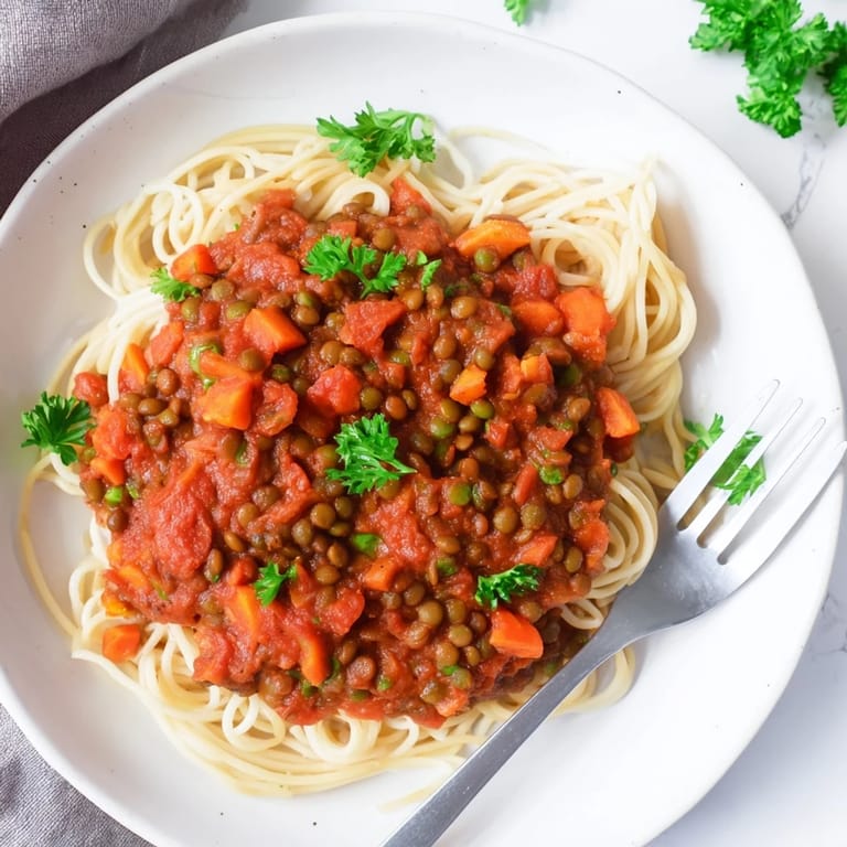 A close-up of a richly flavored Hearty Lentil Bolognese, bubbling and fragrant, on a stovetop.