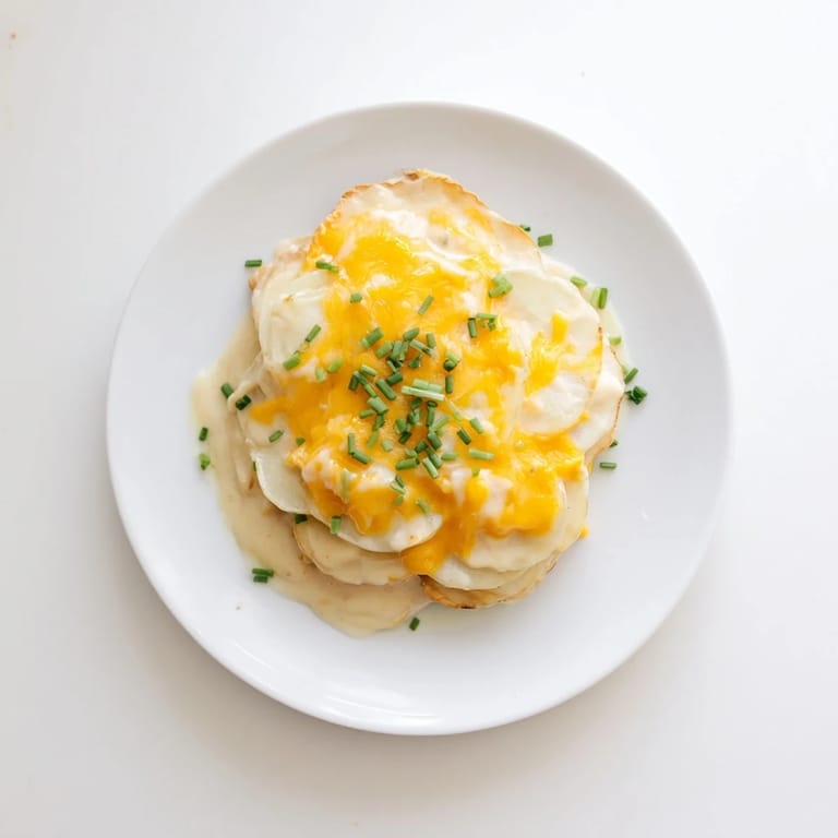 A close-up of a casserole dish filled with the decadent, layered Cheesy Scalloped Potatoes.