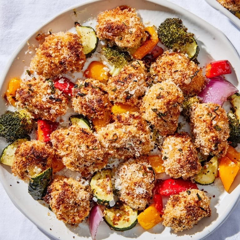 Golden-brown Garlic Parmesan Chicken Bites, surrounded by colorful roasted bell peppers and zucchini, delicious dinner.