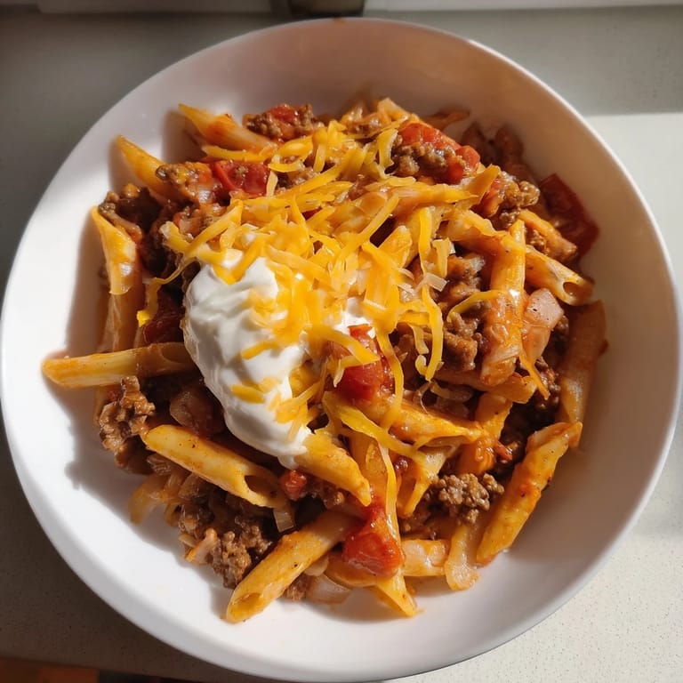 Mouthwatering image of Easy Beef Enchilada Pasta, showcasing rich ground beef and a cheesy, bubbly topping.