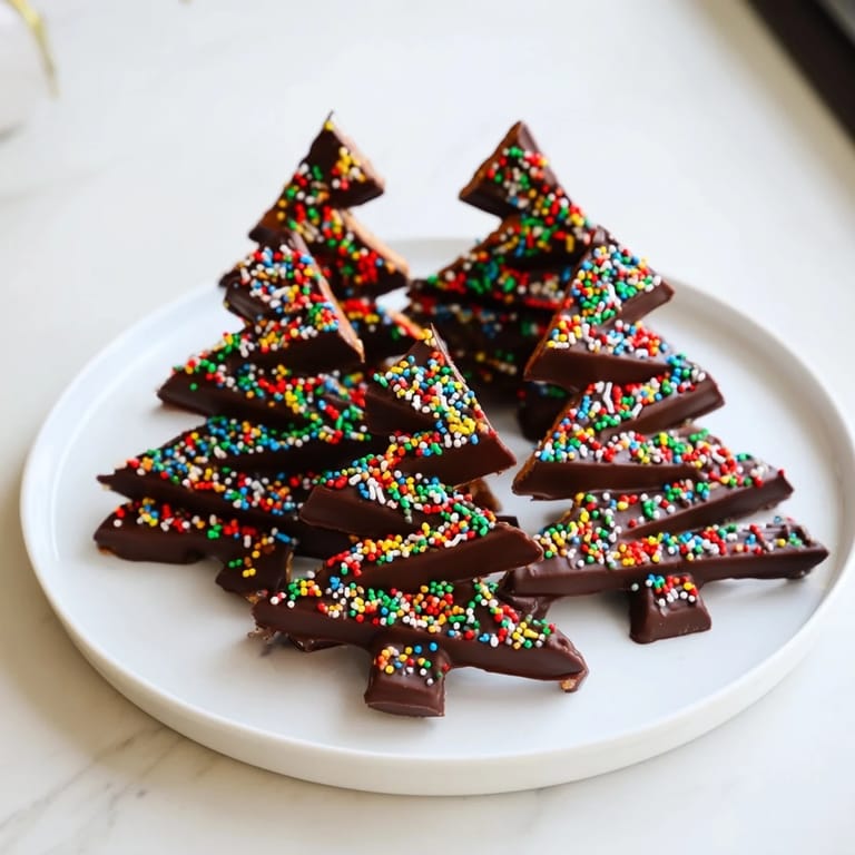 Close-up of freshly made Express Chocolate Christmas Trees decorated with edible stars and glistening sugar pearls ready to eat.