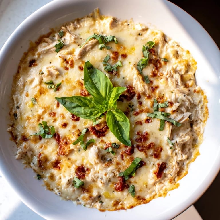 Close-up of the delicious Lightened Marry Me Chicken Dip, showing shredded chicken in a cheesy, sun-dried tomato base.