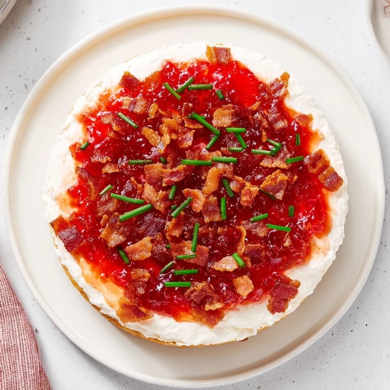 This Easy Bacon Pepper Jelly Appetizer image shows a festive party snack, ready to be scooped up with crackers.