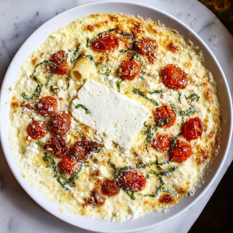 A bubbling baking dish of Four-Cheese Baked Block Pasta, richly cheesy and seasoned with herbs, steaming hot.