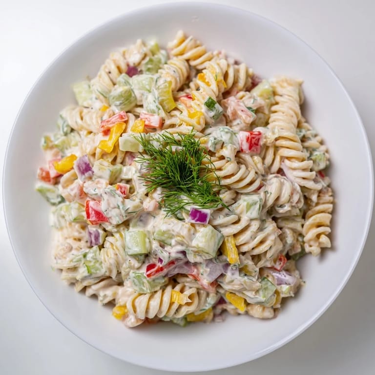 A close-up of a vibrantly plated Dill Pickle Chopped Pasta Salad, perfect for your summer cookout.