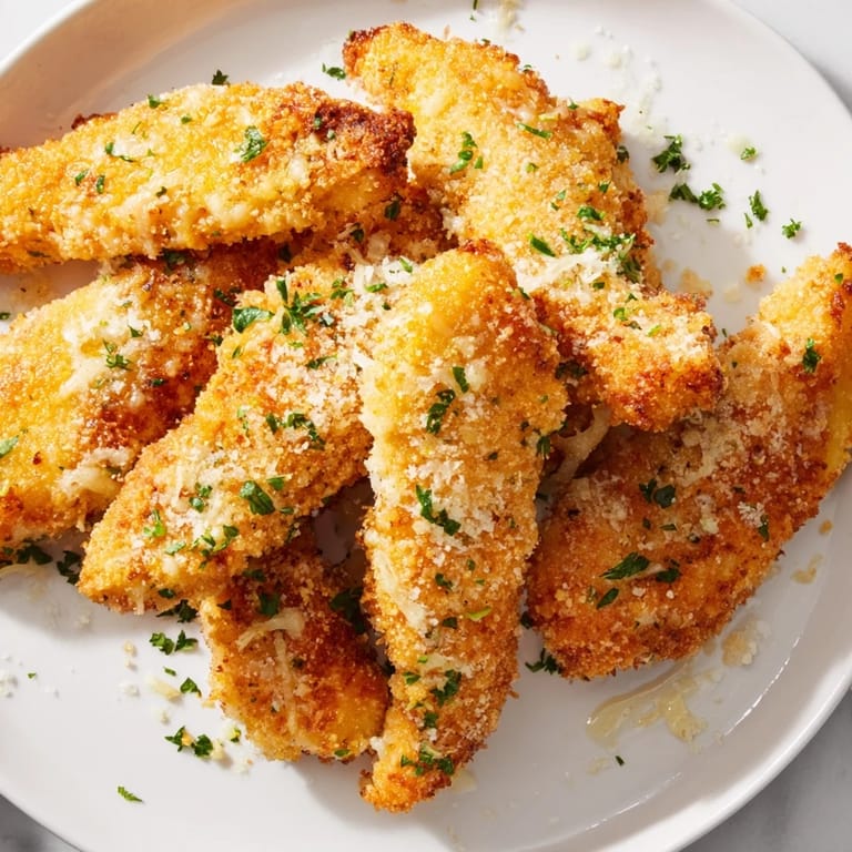 Crispy Garlic Parmesan Chicken Tenders, baked to perfection with a garlic-butter glaze and parsley.