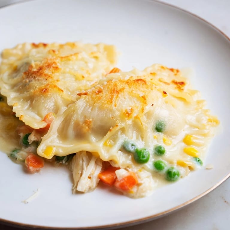 Creamy chicken and vegetable-filled Chicken Pot Pie Ravioli Bake, topped high with melted, browned cheese.