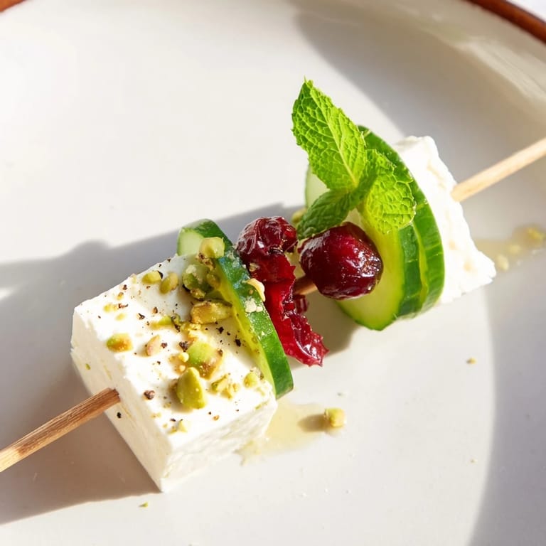 Festive Holiday Cranberry-Feta Skewers showcase cheese cubes, bright red cranberries, and fresh herbs, ready to serve.