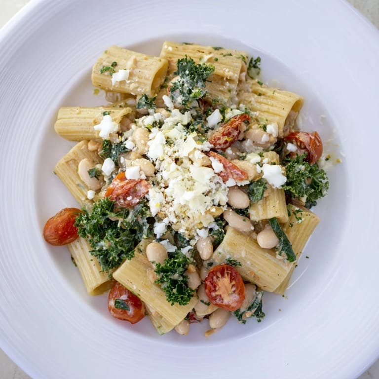 Close-up of the flavorful, plant-based Healthy Tuscan White Bean & Kale Christmas Pasta, perfect for a cozy dinner.