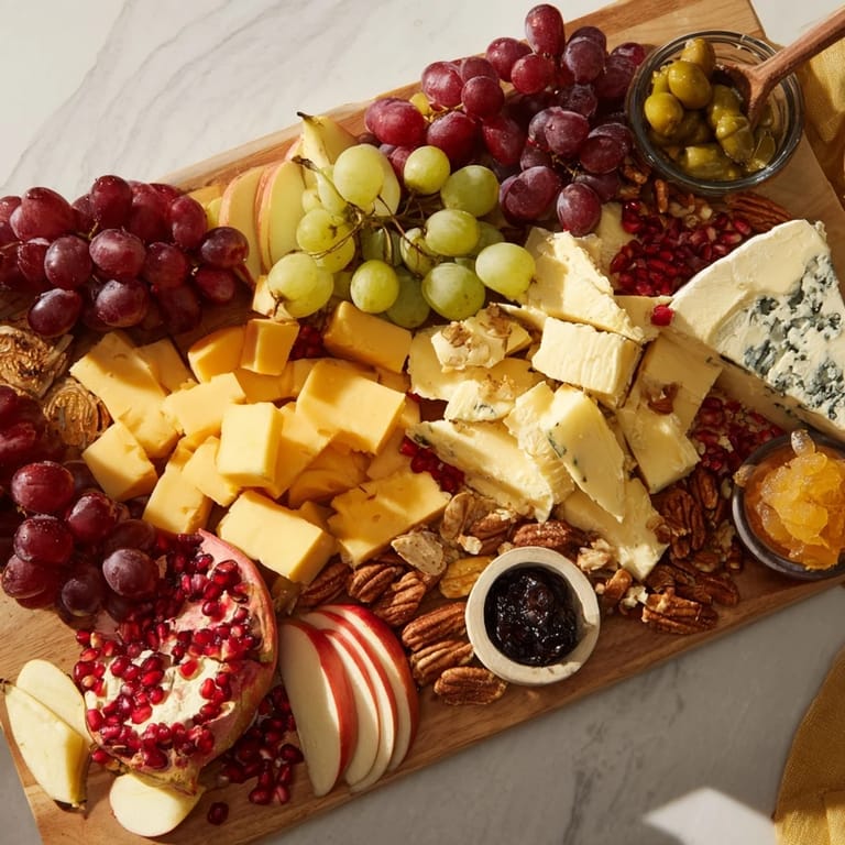 A delicious view of a festive Cornucopia Harvest Board, brimming with fresh seasonal ingredients.