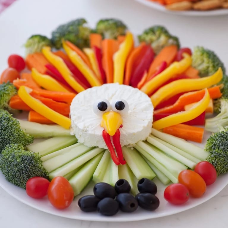 A colorful Turkey Shaped Appetizer Tray: imagine crisp, fresh veggies and creamy cheese ready to enjoy.