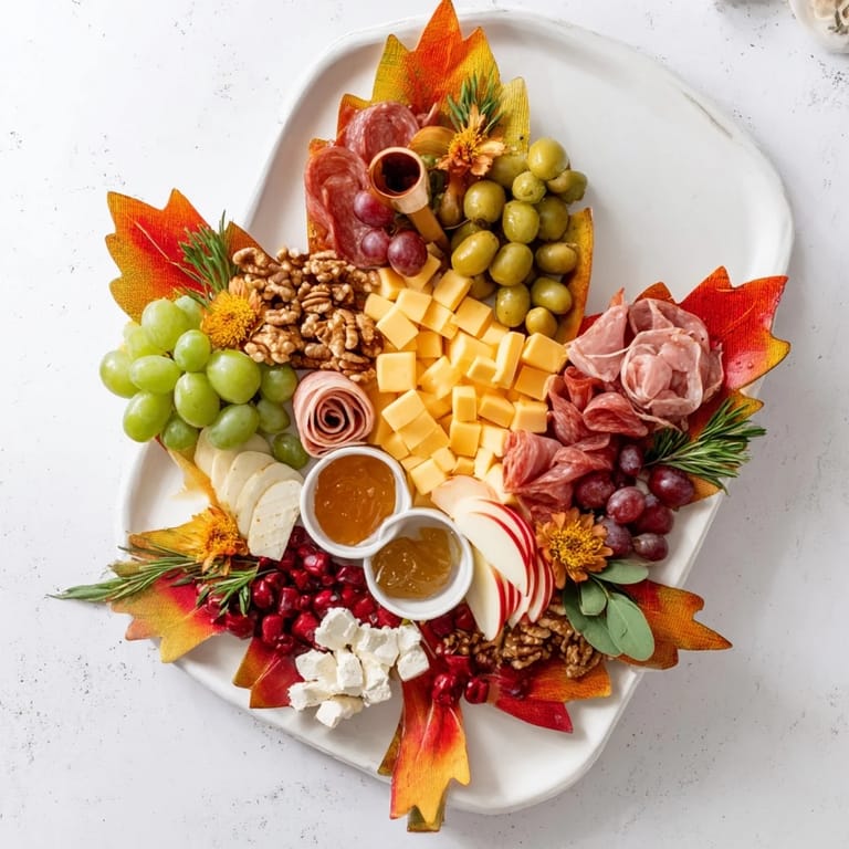 Sensory view of a vibrant Maple Leaf Grazing Tray: cheeses, meats, fruits, and nuts make a festive appetizer.