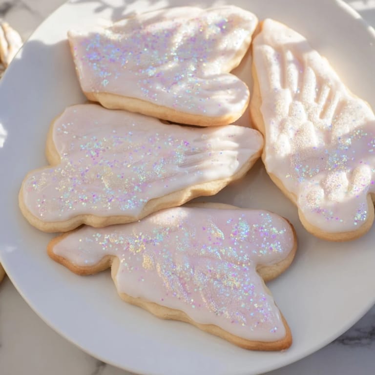 A close-up of iced Angel Wings Sugar Cookies sprinkled with edible glitter, adding a touch of whimsy.