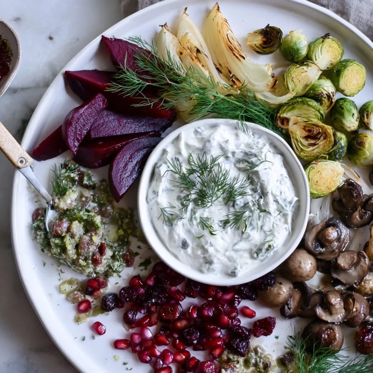 Vibrantly arranged, this Pine Forest Winter Mezze Board is perfect for sharing at a holiday gathering.