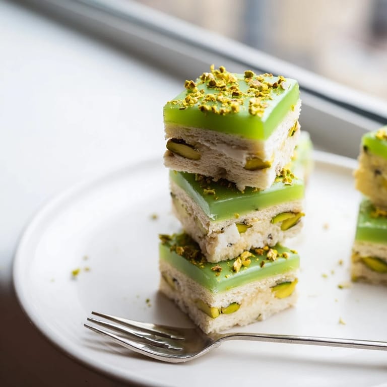 Close-up photo of layered Grenouille Royale Petits Fours, showing a pistachio cream-filled cake with a bright glaze.