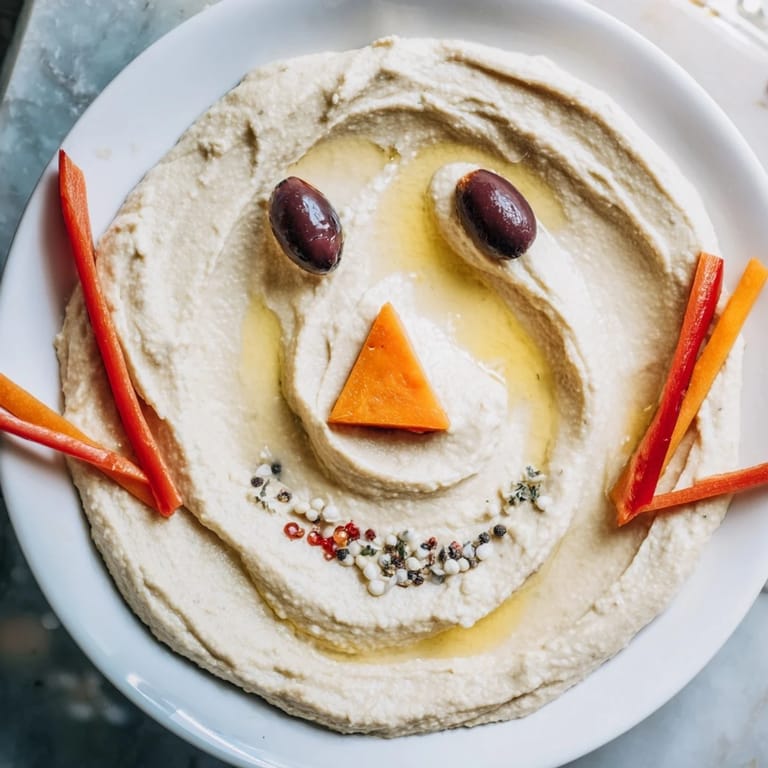 Festive melted snowman hummus platter featuring colorful bell pepper scarf arranged with dippers to enjoy.