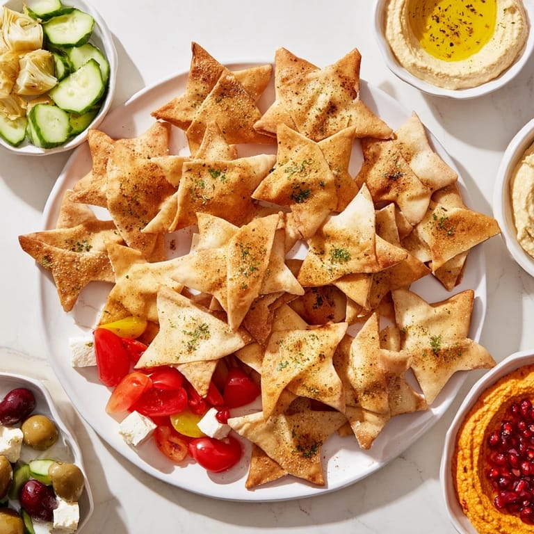 A bountiful Three Kings Star Pita Board, with star-shaped pita, creamy hummus, and fresh vegetables ready to be dipped.