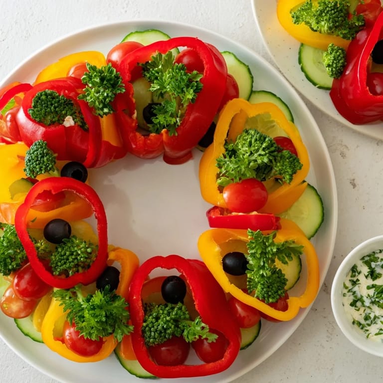 Vibrant Festive Bell Pepper Wreath, beautifully arranged, alongside a creamy herbed dip ready to eat.