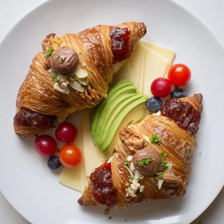 A beautifully arranged Cozy Fireplace Croissant Board with warm croissants, berries, and brie, ready to eat.
