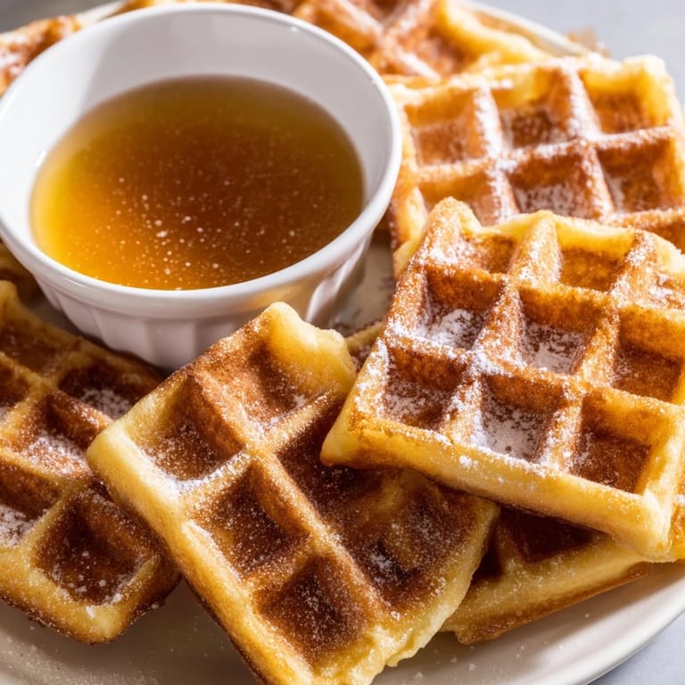 Crispy waffle quarters perfect for dipping in sweet maple syrup for a fun, shareable treat.
