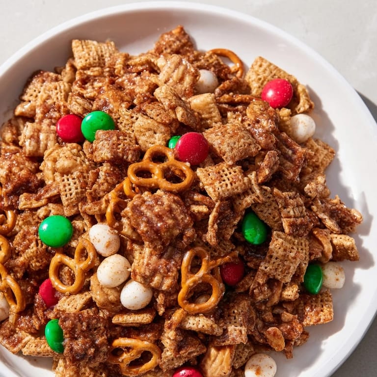 Delicious Holiday Mix: a sweet and salty snack featuring a crispy, perfectly seasoned cereal blend!