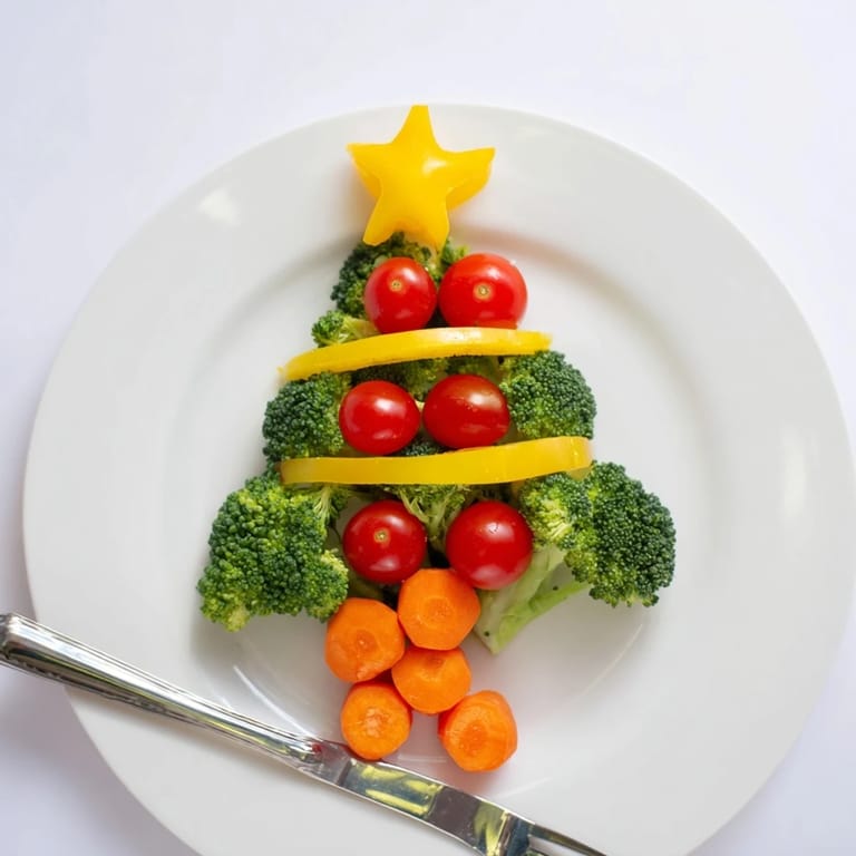 Freshly arranged broccoli tree with ruby-red cherry tomato ornaments, perfect for a fun snack platter.