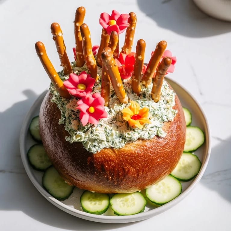 Enjoy The Desert Cactus Bloom: a creative appetizer, displaying pretzel "cactus" and cucumber "pads" for guests.