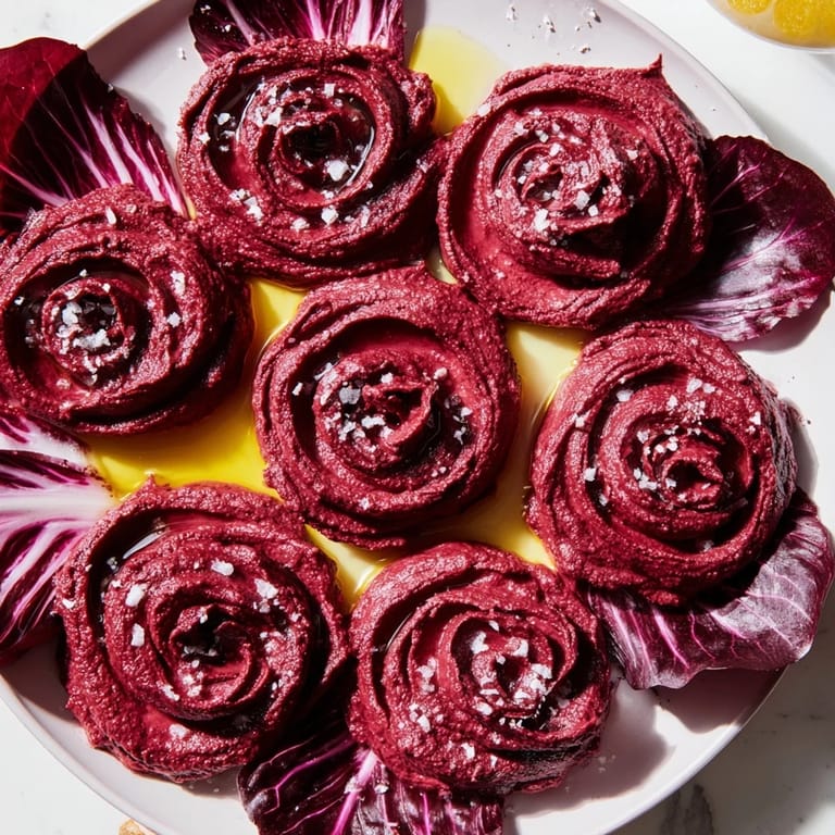 Beautifully swirled The Velvet Rose features vividly red beet hummus and fresh, green radicchio.