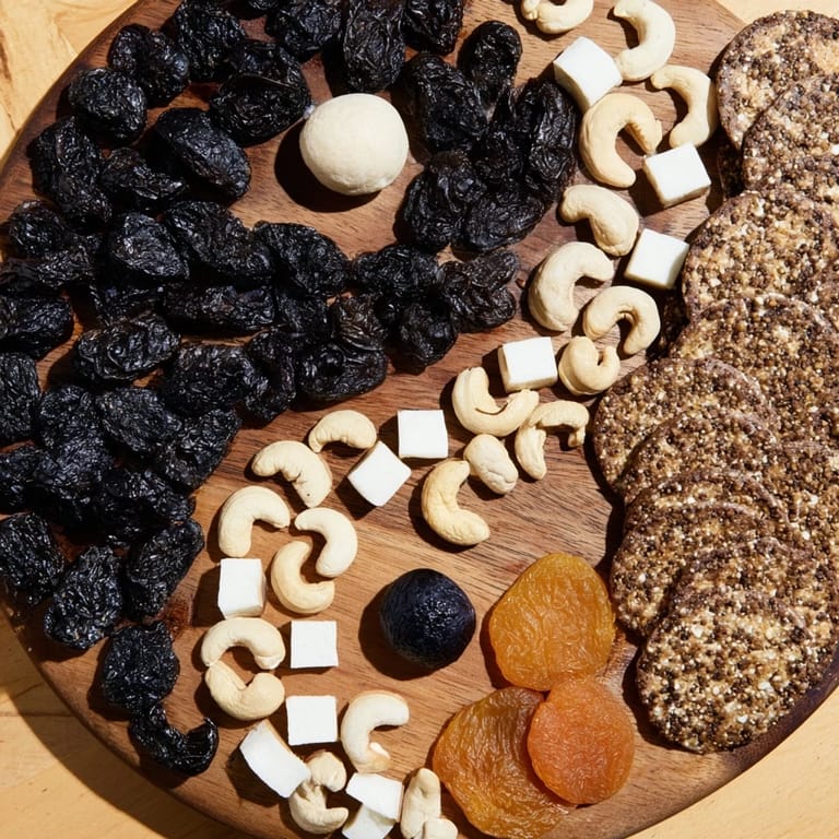 Imagine the Yin and Yang Balance Board: a balanced, flavorful platter with crackers, fruit, and cheese.