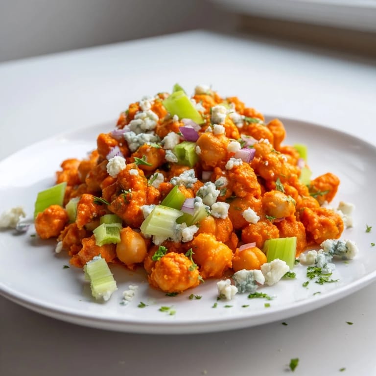 Enjoy the simple textures of this buffalo chicken bean salad with fresh parsley garnish piled high.