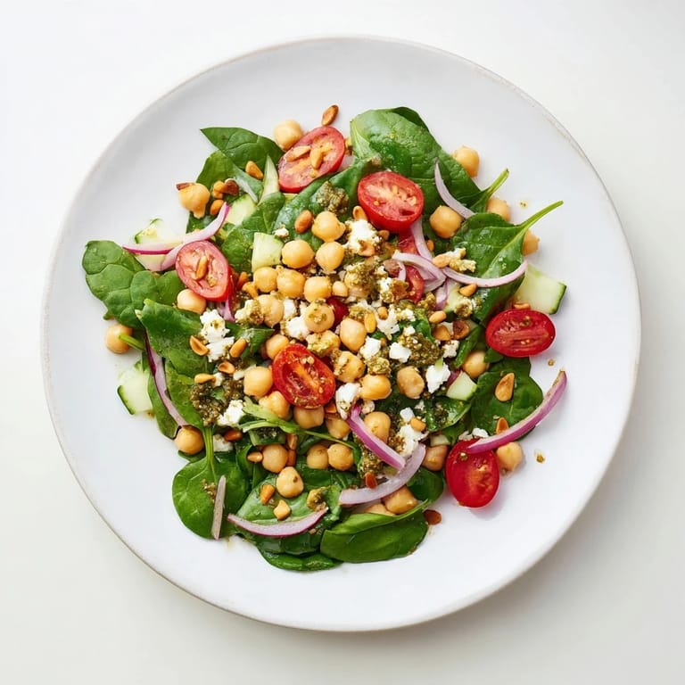 A close-up shot of the Pesto Chickpea and Spinach Salad, showcasing fresh spinach and creamy chickpeas.