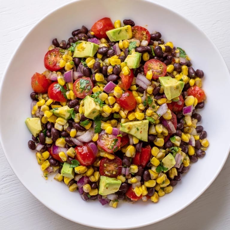 A beautiful bowl of Southwestern black bean and corn salad, perfect for a light vegetarian lunch easily.