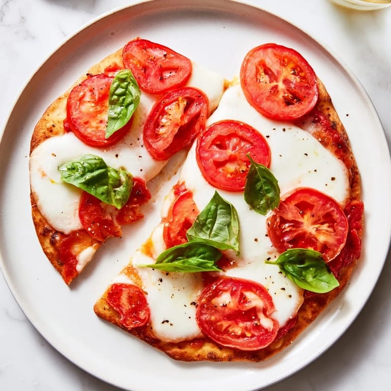 Freshly baked Quick Margherita Naan Pizza, featuring gooey cheese and fragrant basil on warm naan.