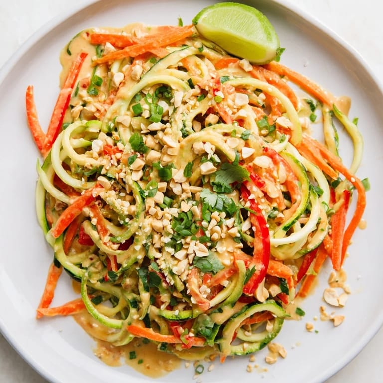 A close-up of zesty Peanut Zucchini Noodles, a refreshing cold salad with crunchy peanuts.