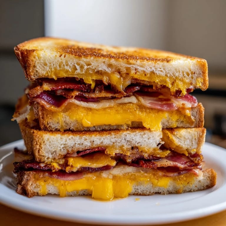 Crispy sourdough sliced to reveal a hot, melty Crispy Bacon Cheddar Grilled Cheese, ready to eat with tomato soup.