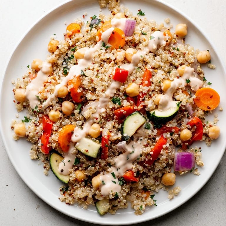 Enjoy this colorful quinoa power salad; it’s brimming with fresh, flavorful ingredients.