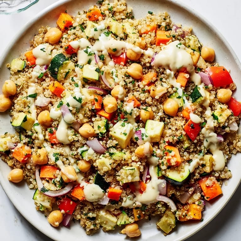 A healthy and delicious quinoa power salad; imagine the tender roasted vegetables and creamy dressing.