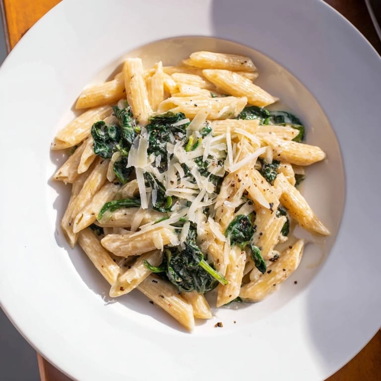 Warm bowl of creamy spinach pasta with wilted spinach, a satisfying vegetarian meal.