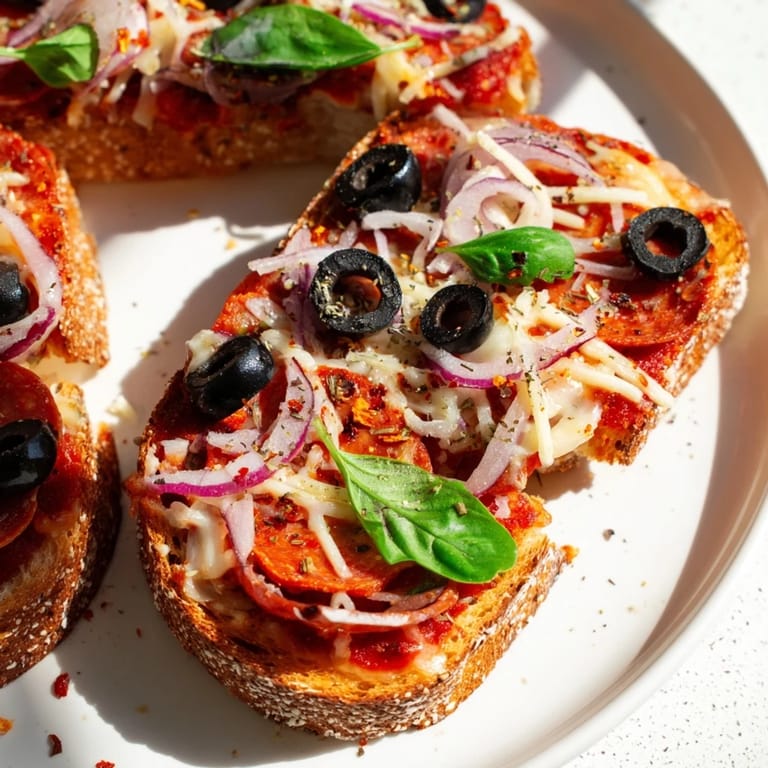 Upgraded Pizza Toast 2.0 emerges from the broiler, ready to serve with fresh basil garnish.