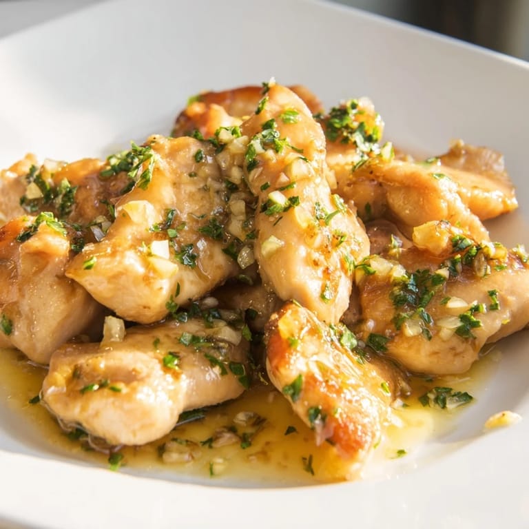 Sizzling skillet of Garlic Butter Chicken Bites, garnished with parsley, ready for a delicious meal.