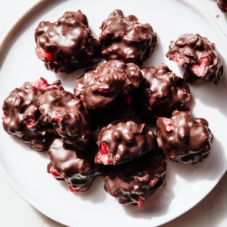 Visually stunning, chocolate-covered strawberry yogurt clusters offer a delightful, fruity dessert idea.