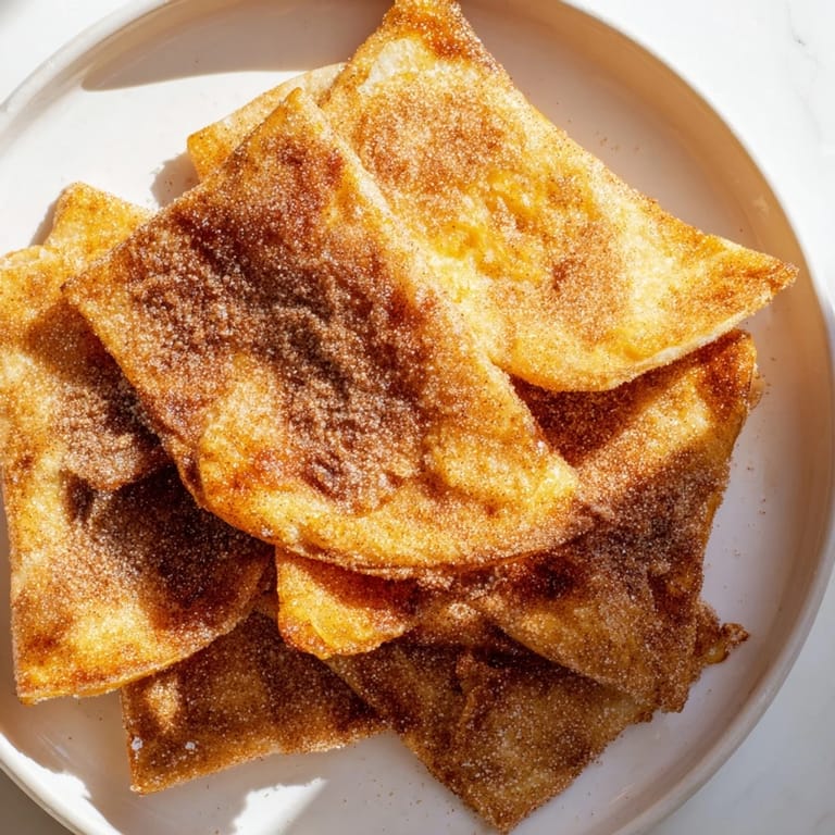 Close-up of crispy Cinnamon Sugar Tortilla Chips, showing a delicious sweet, cinnamon coating.