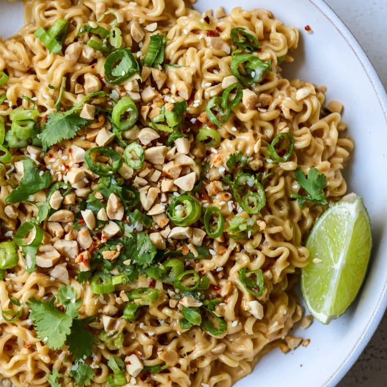 Close-up of vibrant Instant Peanut Thai Sauce Noodles garnished with fresh green scallions and peanuts.