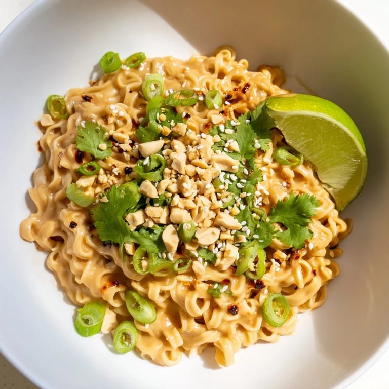 A delicious bowl of homemade Instant Peanut Thai Sauce Noodles, ready to enjoy as a quick vegetarian meal.