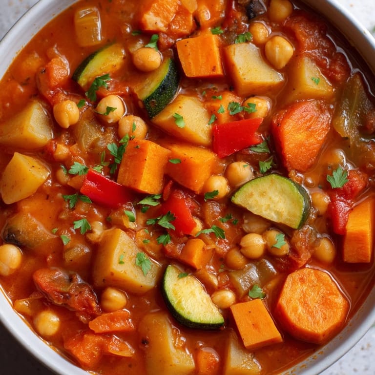 Steaming bowl of Hearty Vegan Sweet Potato Stew, a comforting, colorful meal with a rich tomato base.