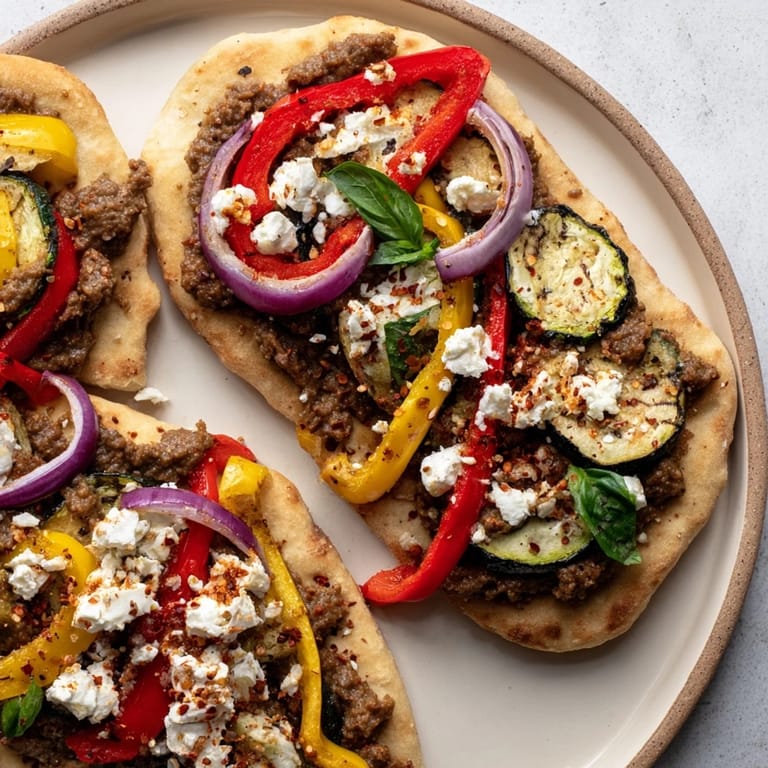 A close-up shot of the delicious naan bread pizza featuring a topping of colorful roasted vegetables.