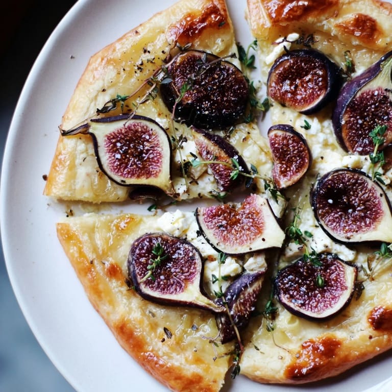 Crispy puff pastry pizza with truffle oil, figs, and goat cheese, ideal for a gourmet appetizer.