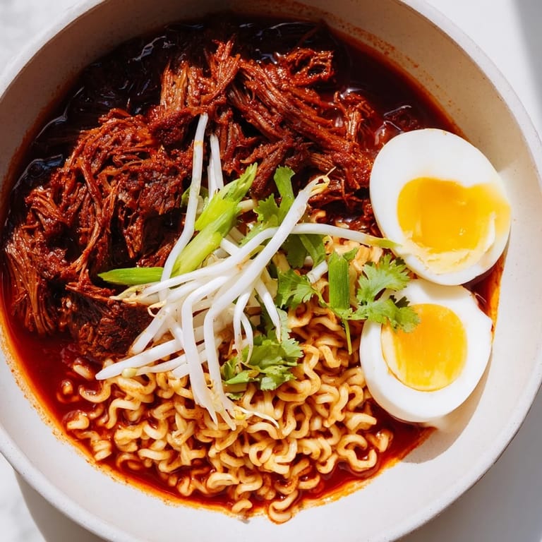 A visually stunning photo of Chaos Cooking Birria Ramen, showing the flavorful beef in savory broth and vibrant garnishes.